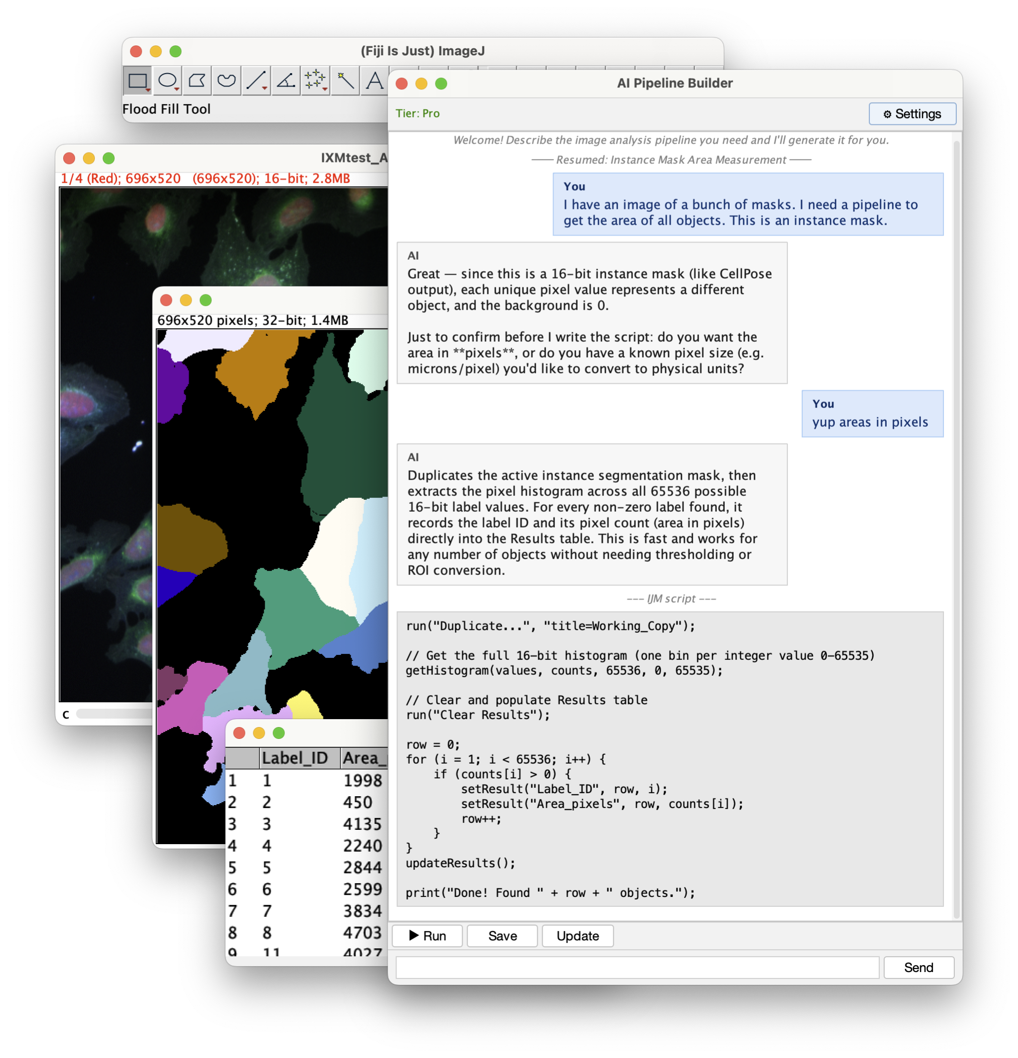 AI Pipeline Builder in ImageJ — chat interface with microscopy images and analysis results